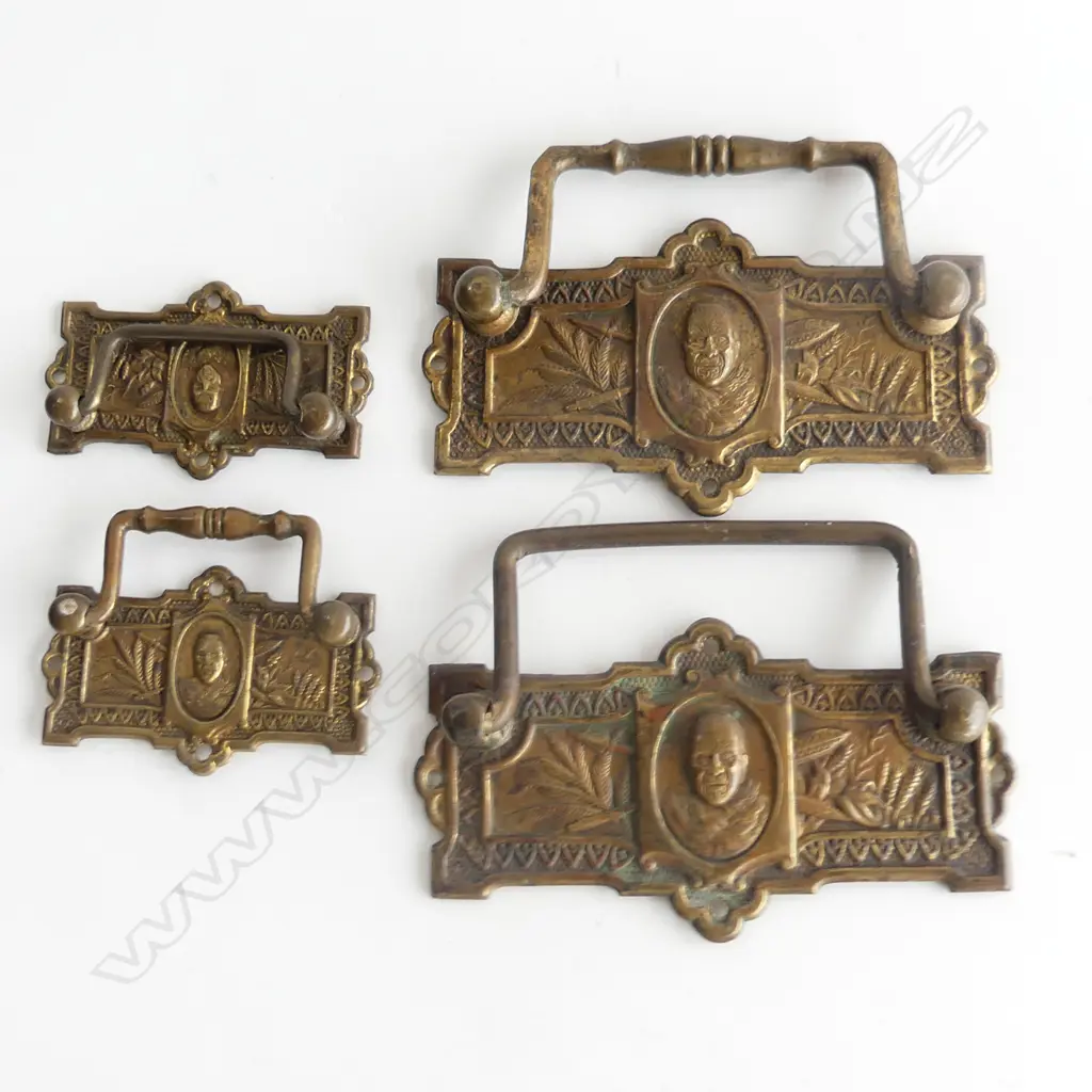 Four Anton Teutenberg (1840-1933) Māori decorated pressed copper furniture handles Image 1++